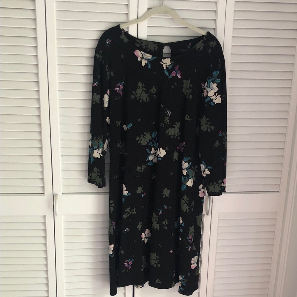 J. Jill Black Floral Long Sleeve Midi Dress with Pink and Blue Accents